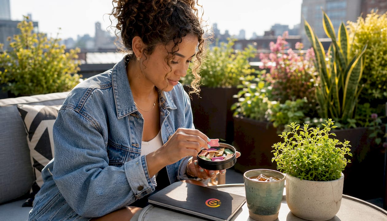 Woman selecting caffeine pouch at breakfast nook