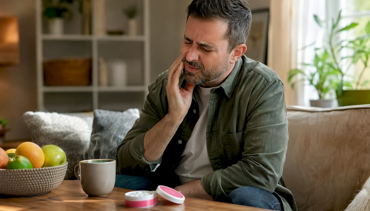Man showing gum discomfort in dentist office