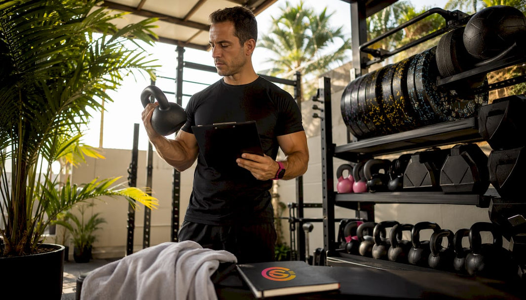 Person inspecting home gym equipment options