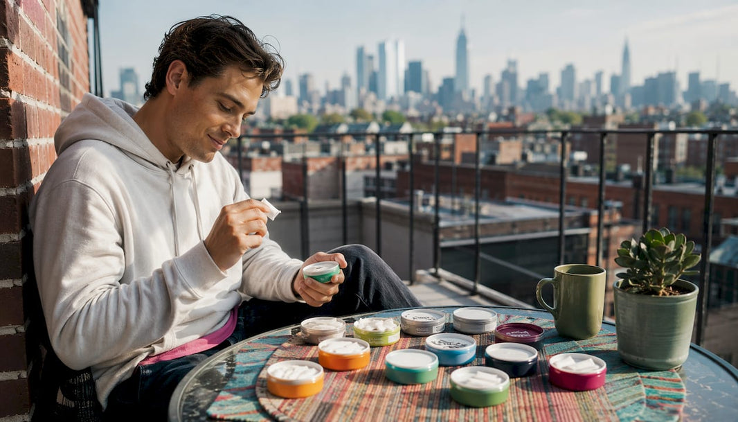 Young adult enjoying variety of VELO flavors on balcony