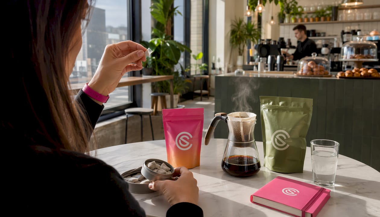 Oral caffeine and pour-over coffee pouches on kitchen counter