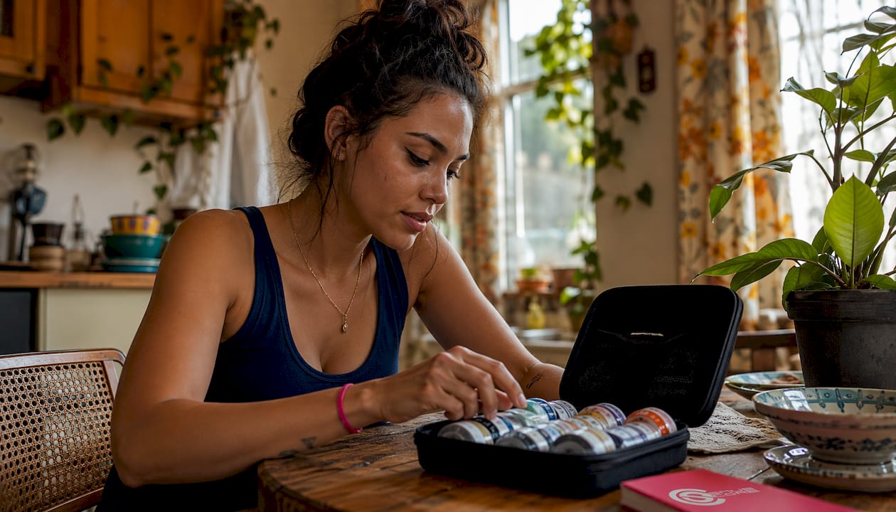 Woman sampling caffeine pouches at kitchen counter