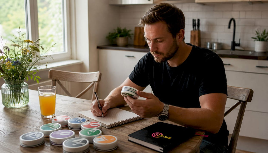 Man reviewing nicotine pouches at home desk