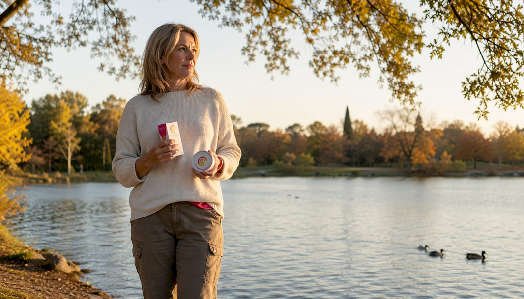 Woman comparing nicotine patches and pouches outdoors