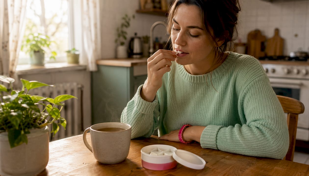 Woman using caffeine pouch with coffee nearby