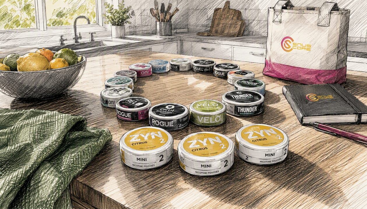 Array of nicotine pouch tins on white surface with citrus leaves