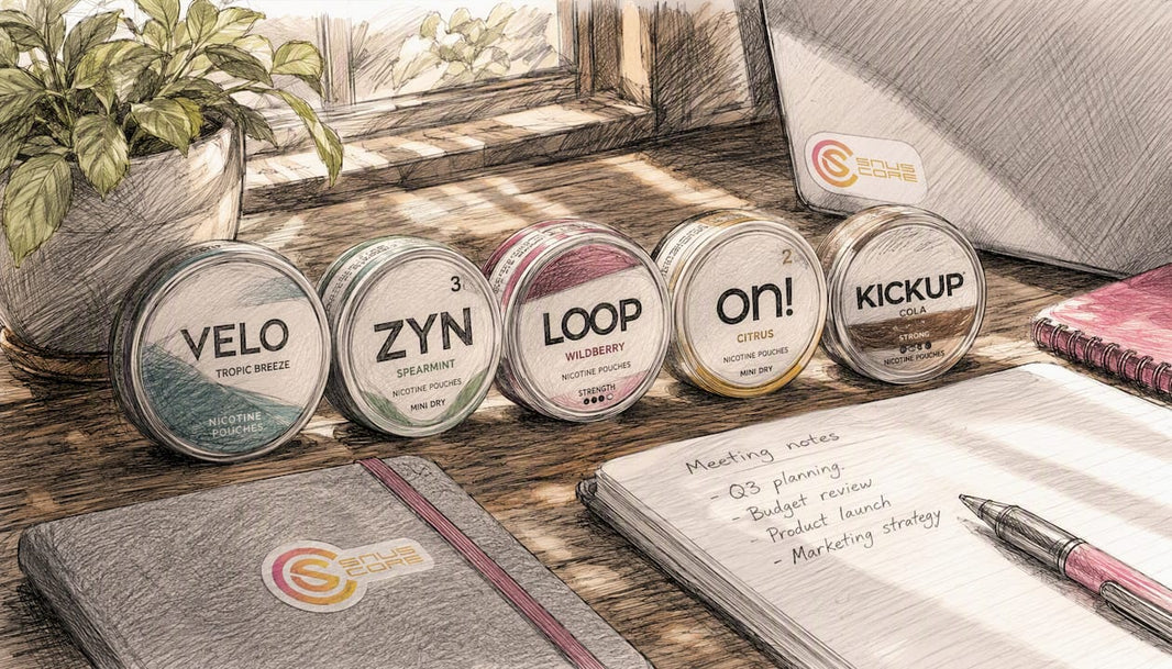 Overhead view of assorted nicotine pouches on wood surface