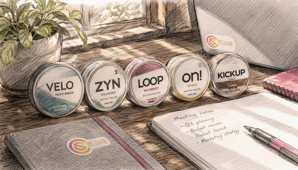Overhead view of assorted nicotine pouches on wood surface