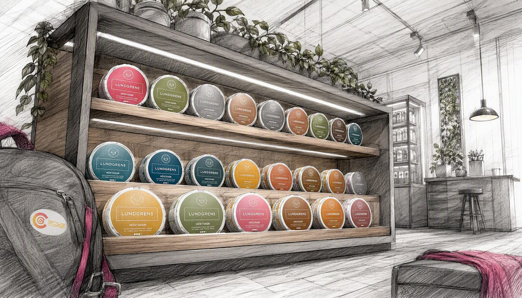 Nicotine pouch tins on display at retail