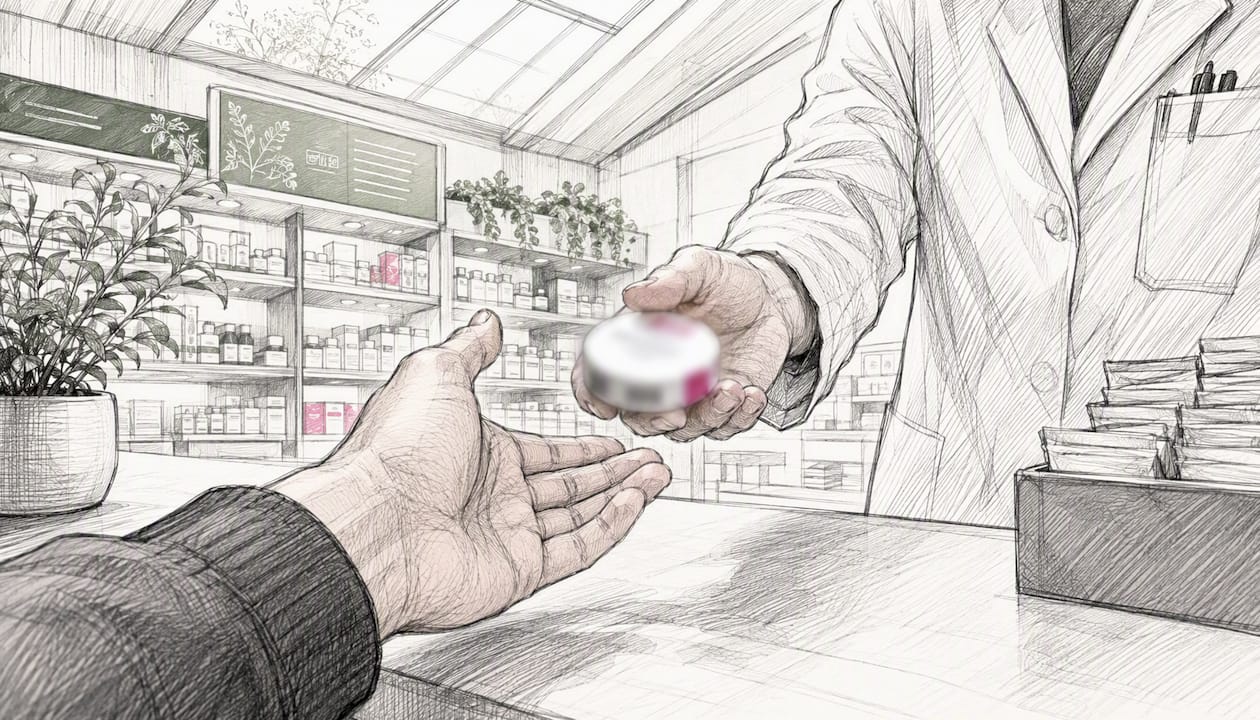 Hand receiving nicotine pouch at pharmacy counter