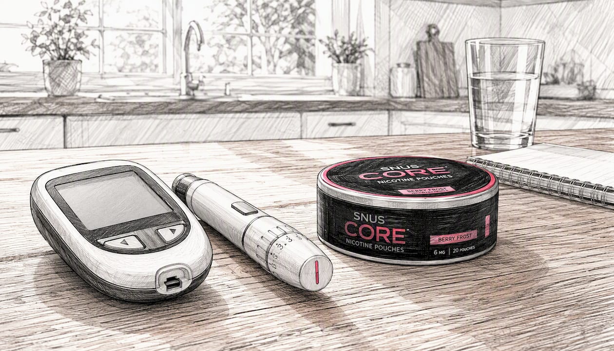Glucose meter and nicotine pouch can on table