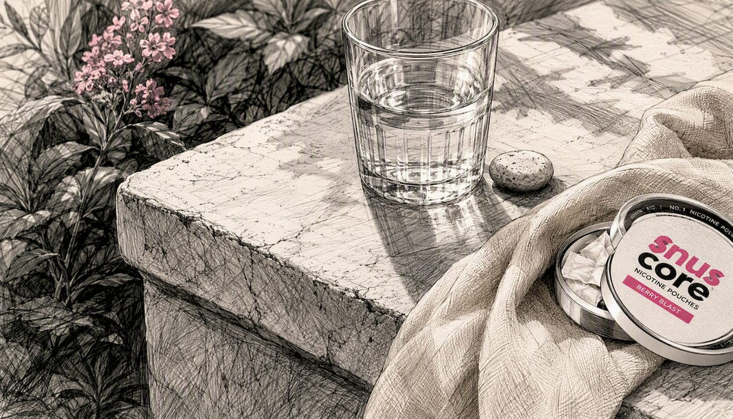 Close-up of nicotine pouch can partial and glass of water