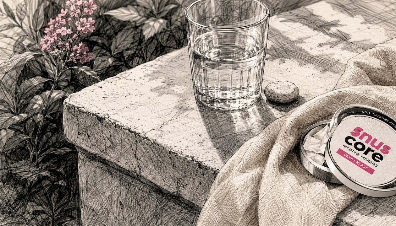 Close-up of nicotine pouch can partial and glass of water