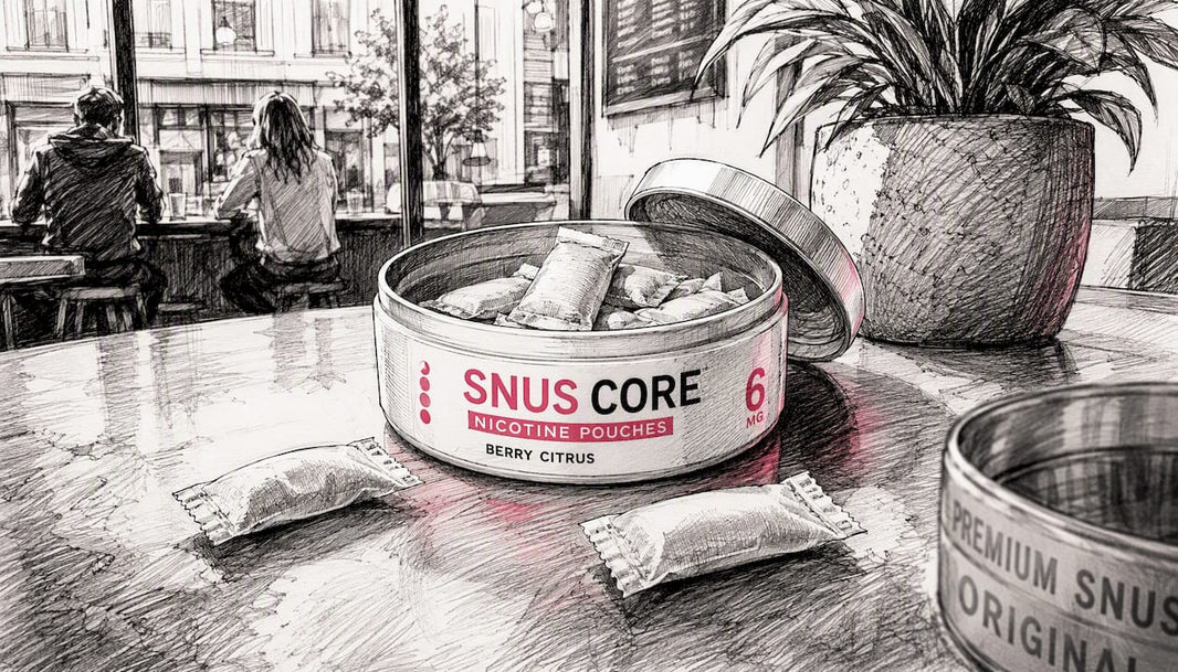 Close-up of nicotine pouch container and partial snus can