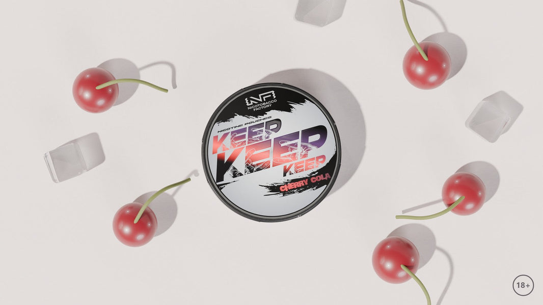 KEEP Cherry Cola nicotine pouches can with cherries and ice