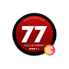 77 Cola & Cherry nicotine pouch can, black rim with dark red lid and white 77 logo