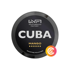 Cuba Black Line Mango Strong 43mg nicotine pouch can, black lid with white CUBA logo and yellow Mango text