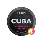Cuba Black Line Raspberry Strong 43mg nicotine pouch can, black lid with white CUBA logo and pink Raspberry text
