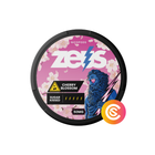 Zeus Cherry Blossom Extra Strong nicotine pouch can, black can with pink cherry blossom design and Zeus figure