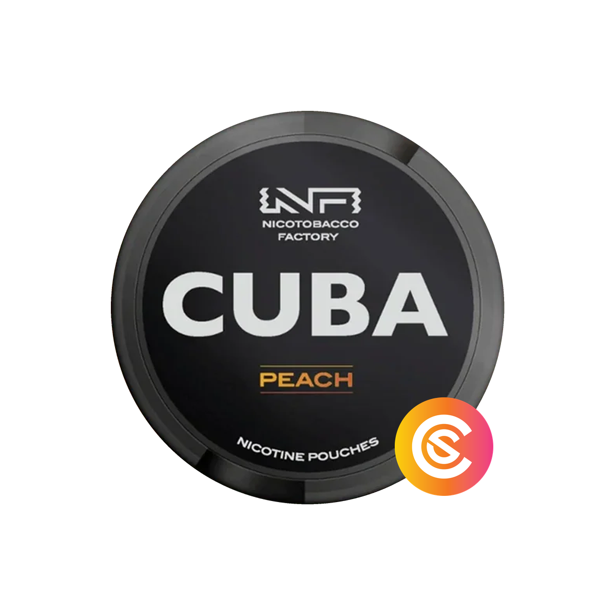 Cuba Black Line Peach Strong 43mg nicotine pouch can, black lid with white CUBA logo and orange Peach text