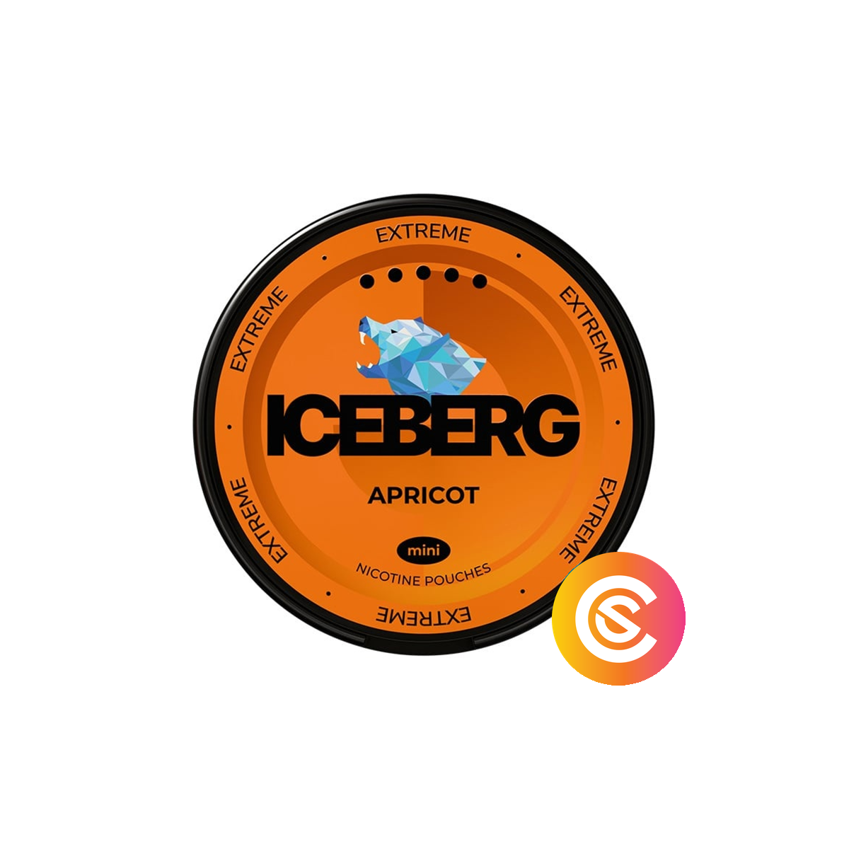 ICEBERG Apricot Mini Extreme nicotine pouch can, orange lid with black ICEBERG logo and polar bear