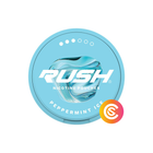 RUSH Peppermint Ice nicotine pouch can, light blue lid with white RUSH logo