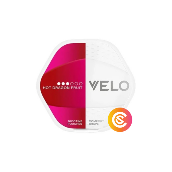 VELO nicotine pouch packaging with 'Hot Dragon Fruit' flavor on a white background
