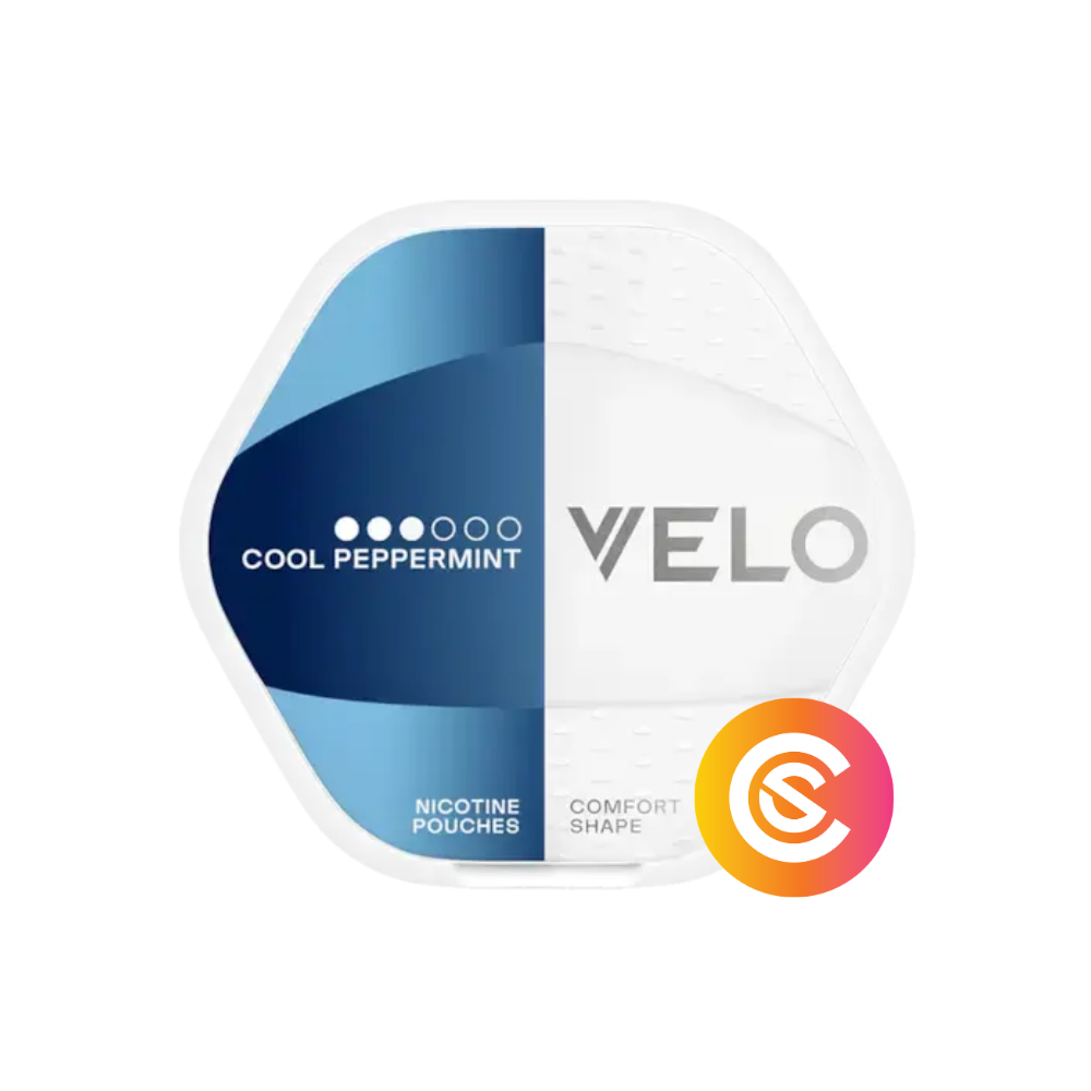 VELO nicotine pouch container with blue and white design on a white background