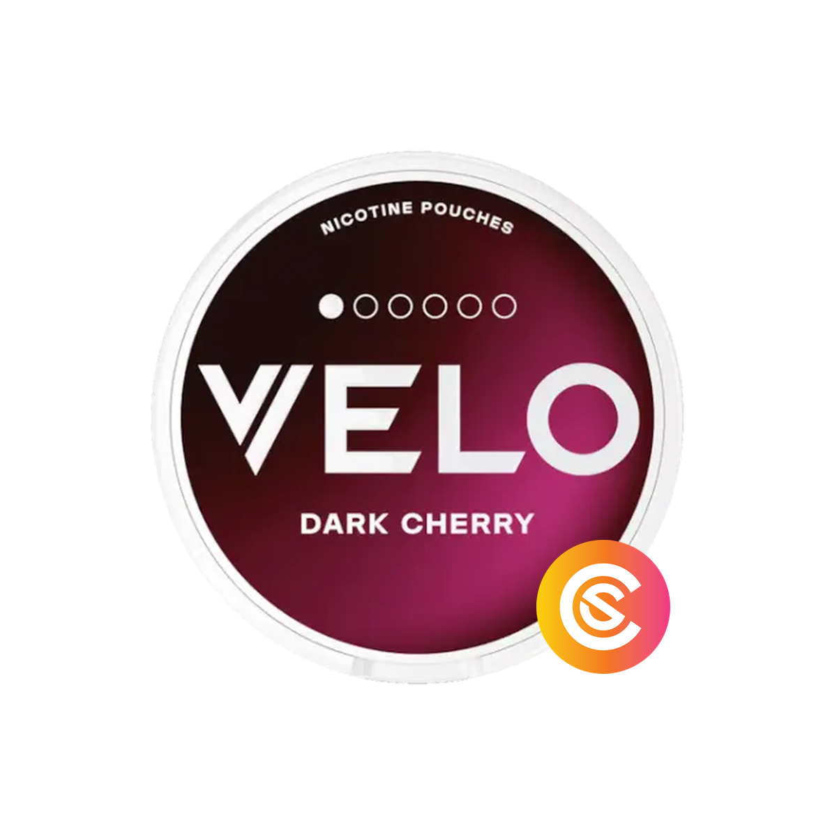 VELO Dark Cherry Mini nicotine pouch can, white can with dark burgundy lid and VELO logo