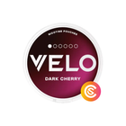 VELO Dark Cherry Mini nicotine pouch can, white can with dark burgundy lid and VELO logo