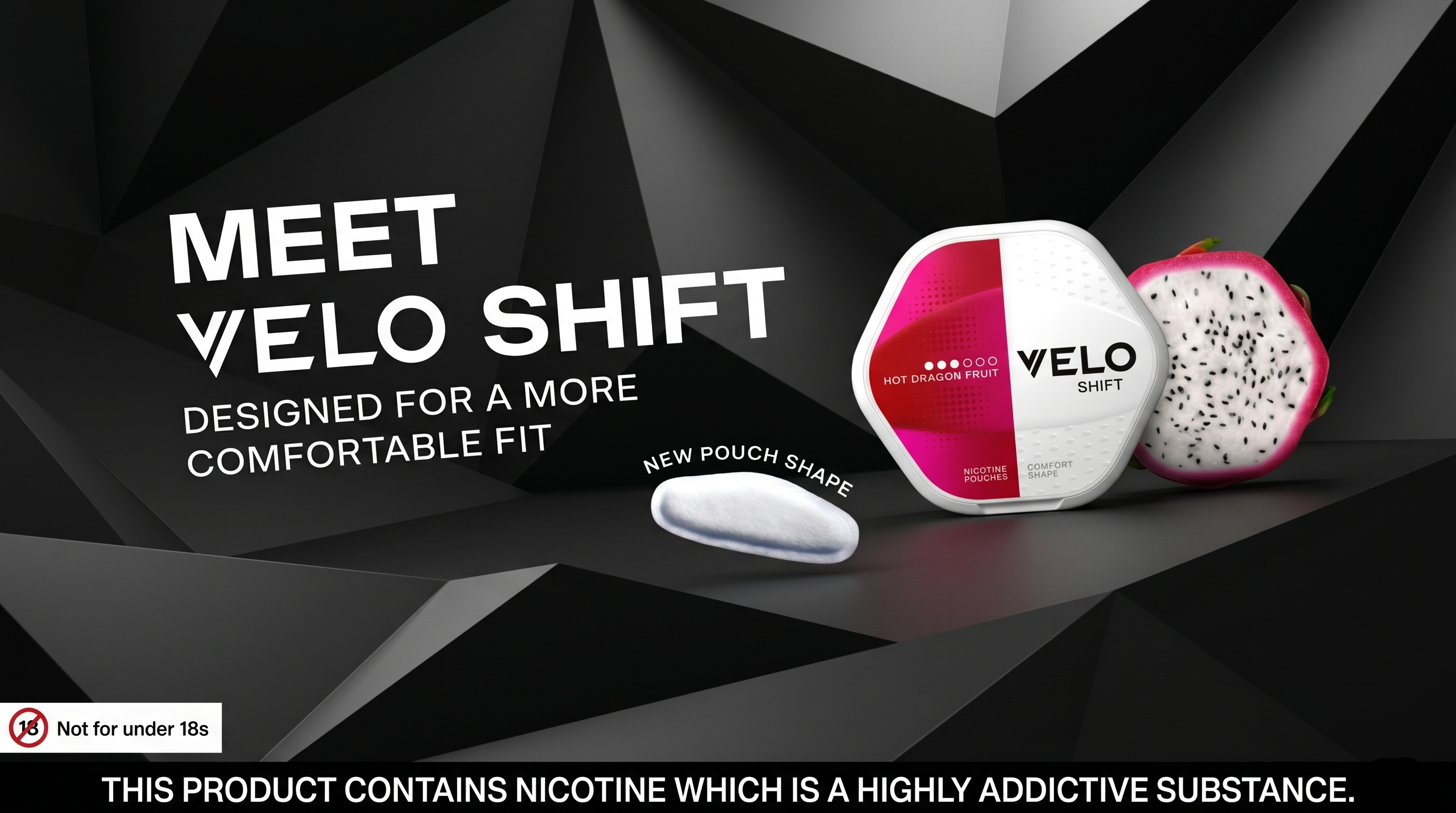 Advertisement for Velo Shift with product packaging and text on a dark background