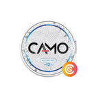 CAMO Ice Cold Mint Strong nicotine pouch can, white camo-pattern lid with black CAMO logo and blue ring
