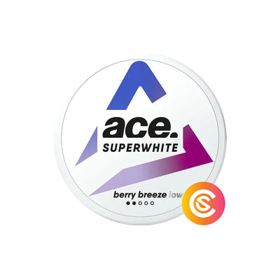 Ace Superwhite Berry Breeze low nicotine pouch can, featuring a sleek white design with a purple and blue gradient arrow logo and text indicating the flavor and low strength level.